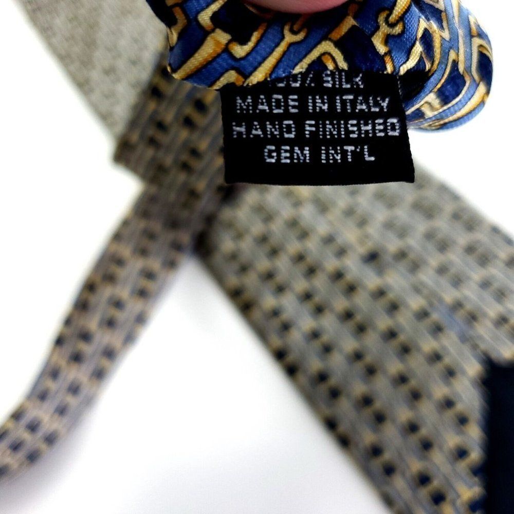 Paolo Gucci Blue Yellow Silk Tie Woven Geometric "Chain" Print - Picture 6 of 7